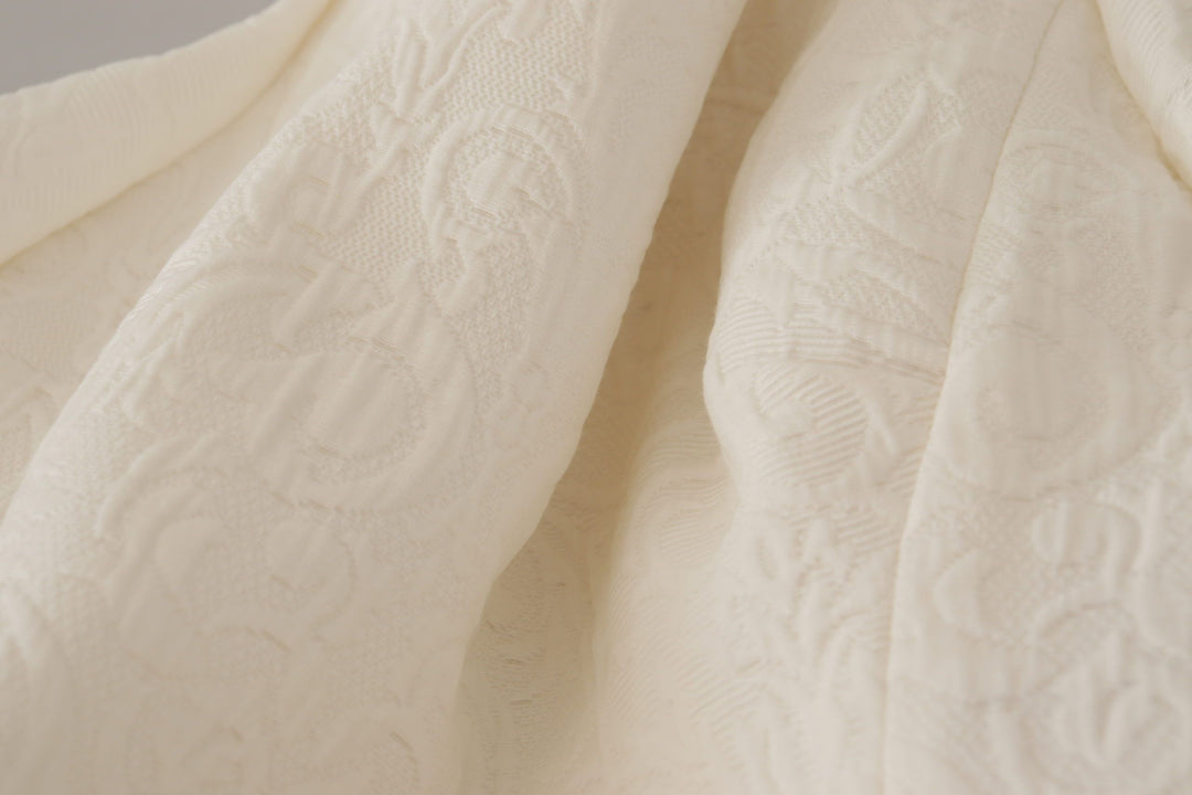 Weißes Jaquard Midi Kleid mit Blumenmuster und Brokatbesatz