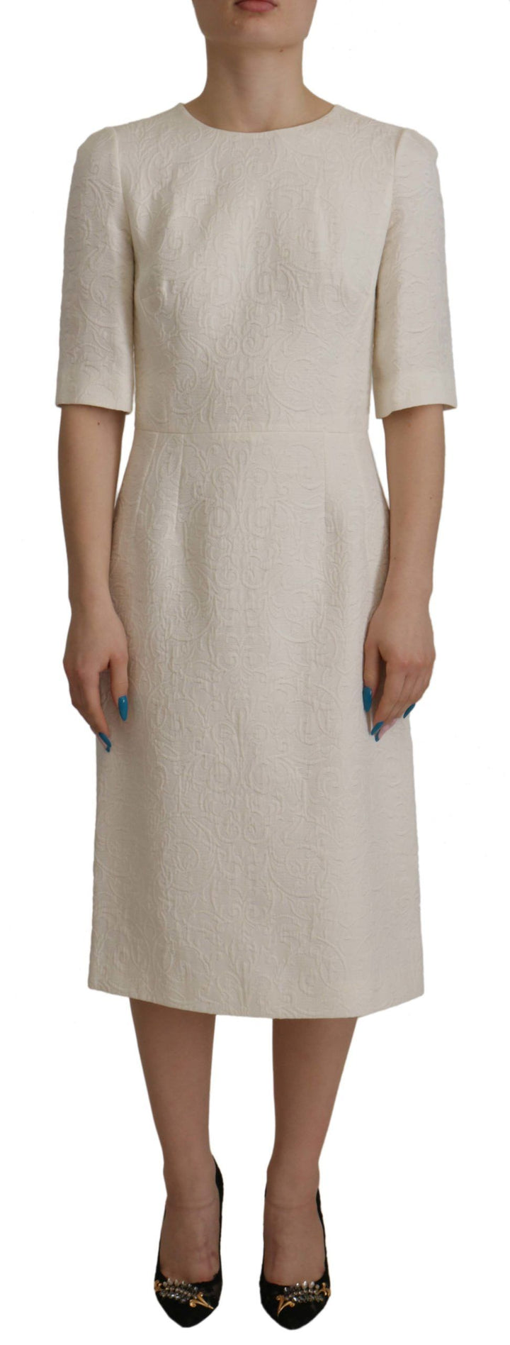 Weißes Jaquard Midi Kleid mit Blumenmuster und Brokatbesatz