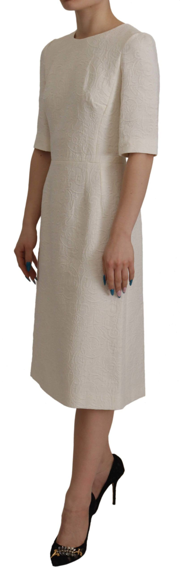 Weißes Jaquard Midi Kleid mit Blumenmuster und Brokatbesatz