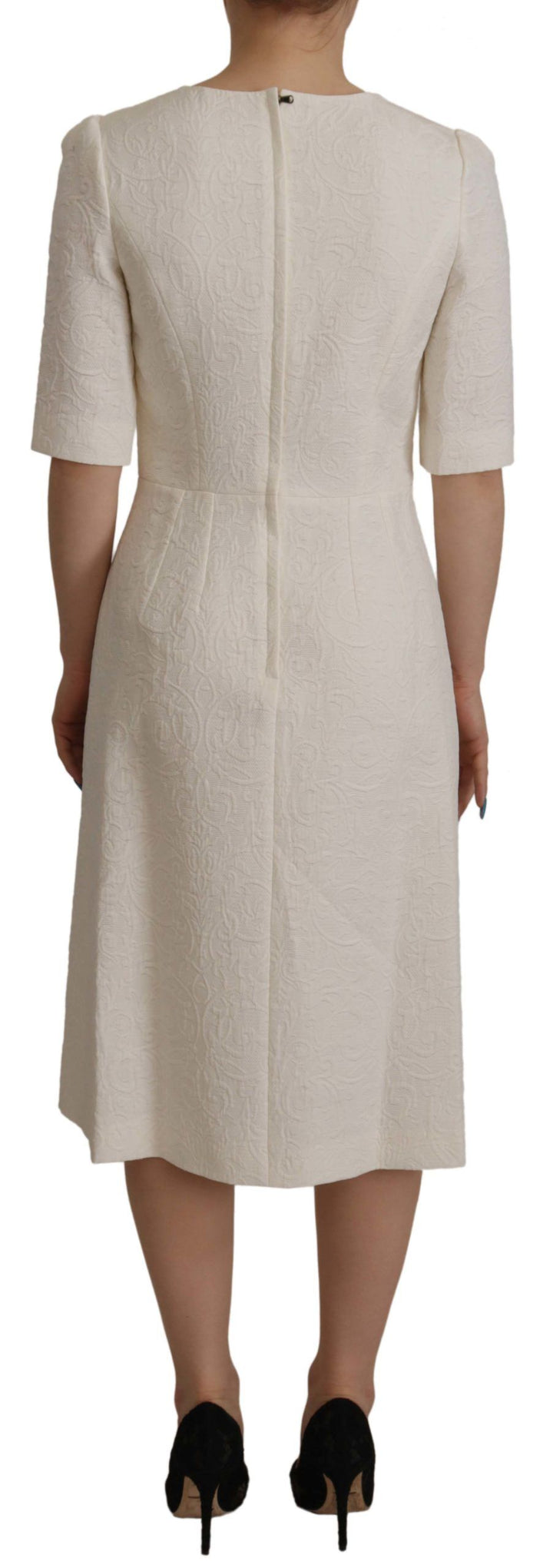 Weißes Jaquard Midi Kleid mit Blumenmuster und Brokatbesatz