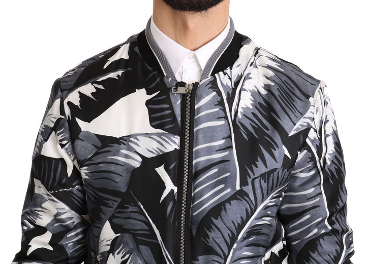 Elegante Bomberjacke aus Seide mit Bananenblattdruck
