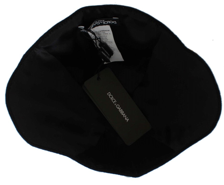 Eleganter Cloche-Hut aus schwarzer Wolle mit Blumenmuster