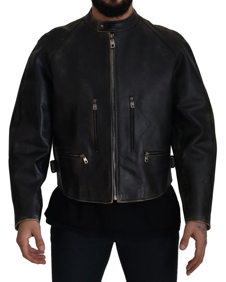 Dolce & Gabbana Elegante schwarze Lederjacke mit silbernen Details