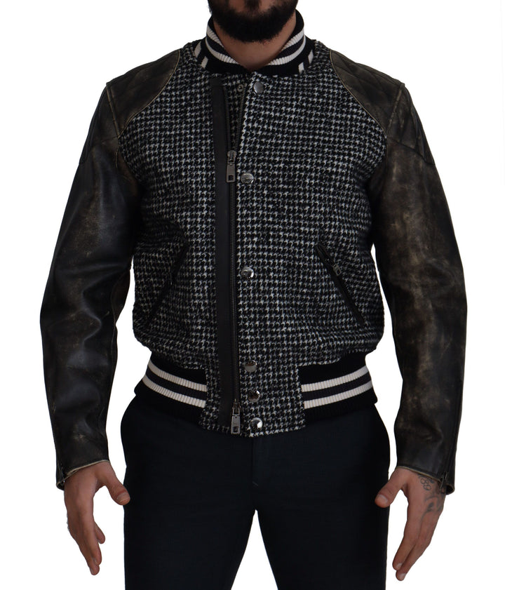 Multicolored houndstooth leather bomber jacket
