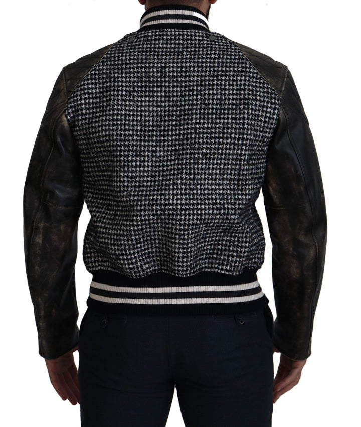 Multicolored houndstooth leather bomber jacket