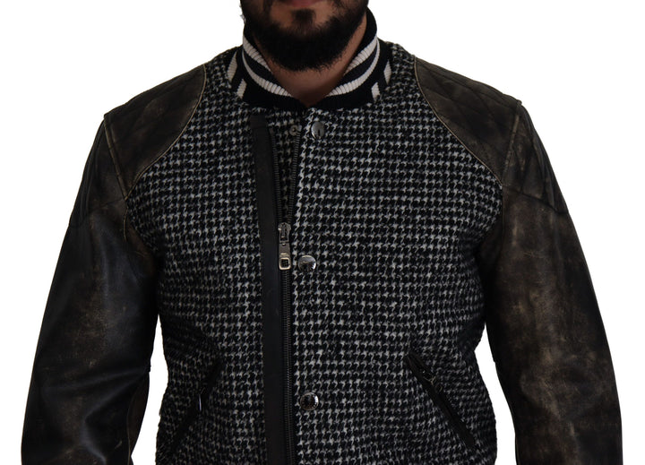 Multicolored houndstooth leather bomber jacket