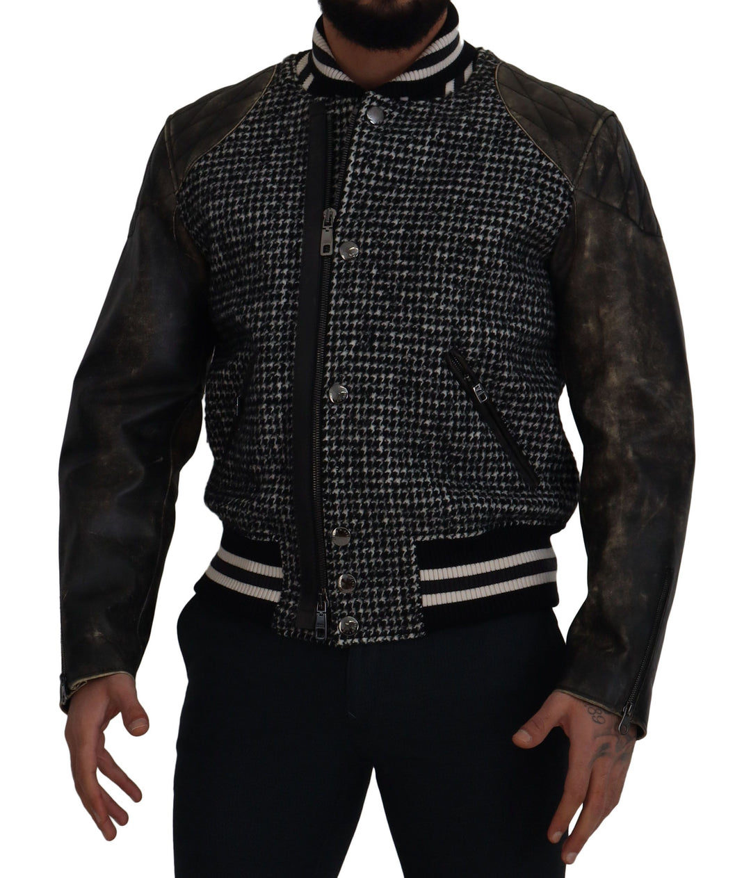 Multicolored houndstooth leather bomber jacket