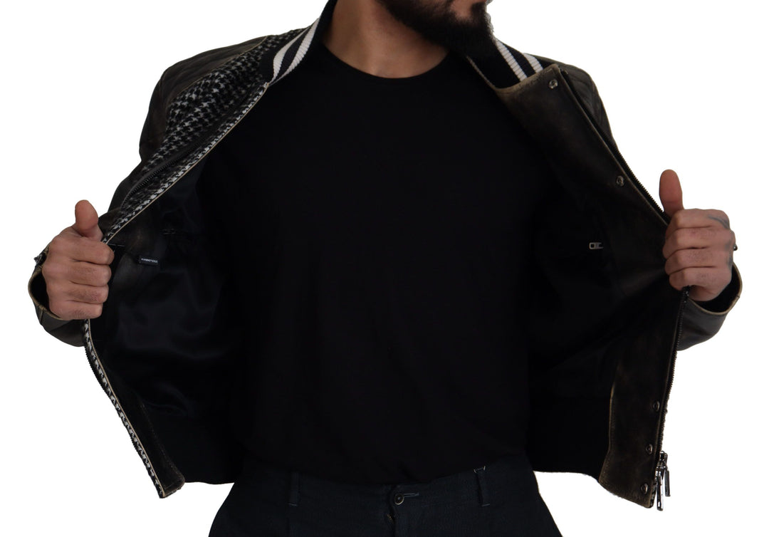 Multicolored houndstooth leather bomber jacket