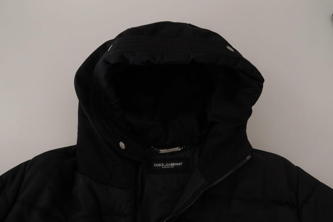 Schwarzer Nylon-Parka-Mantel mit Kapuze Winterjacke
