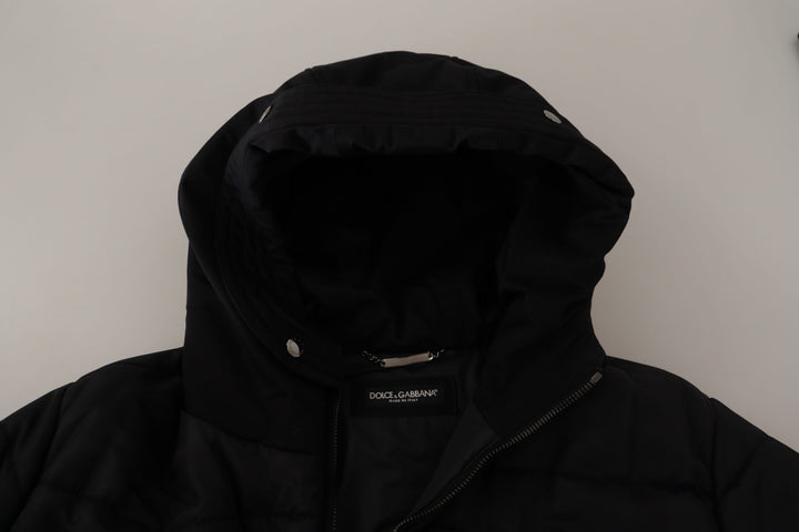 Schwarzer Nylon-Parka-Mantel mit Kapuze Winterjacke