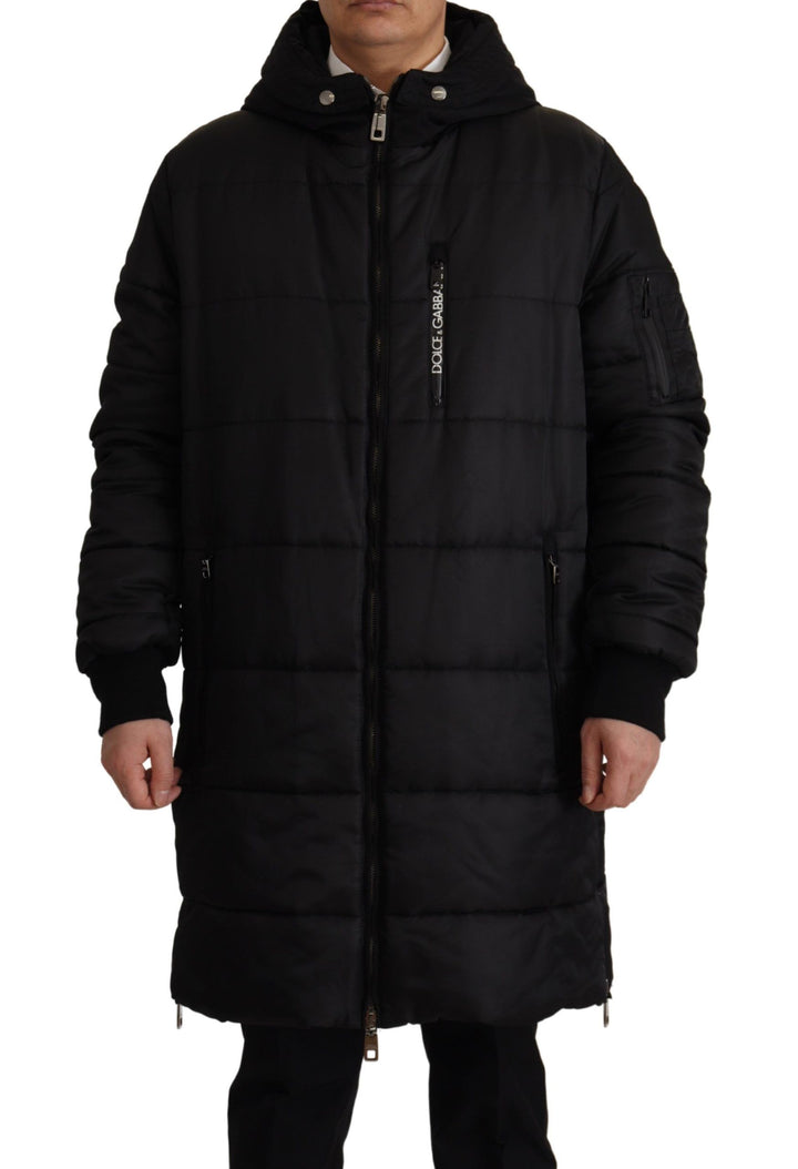 Schwarzer Nylon-Parka-Mantel mit Kapuze Winterjacke