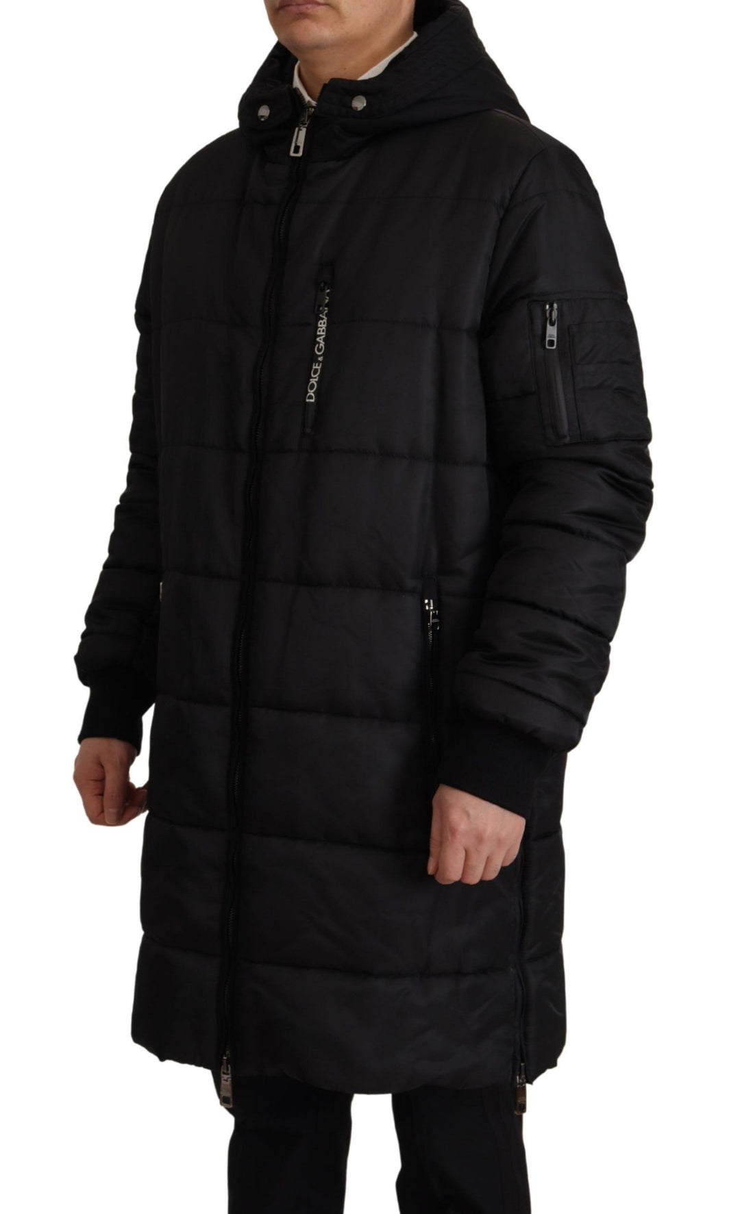 Schwarzer Nylon-Parka-Mantel mit Kapuze Winterjacke