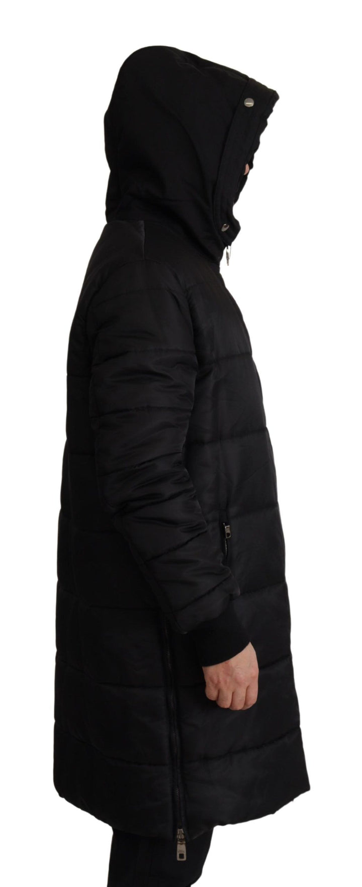 Schwarzer Nylon-Parka-Mantel mit Kapuze Winterjacke