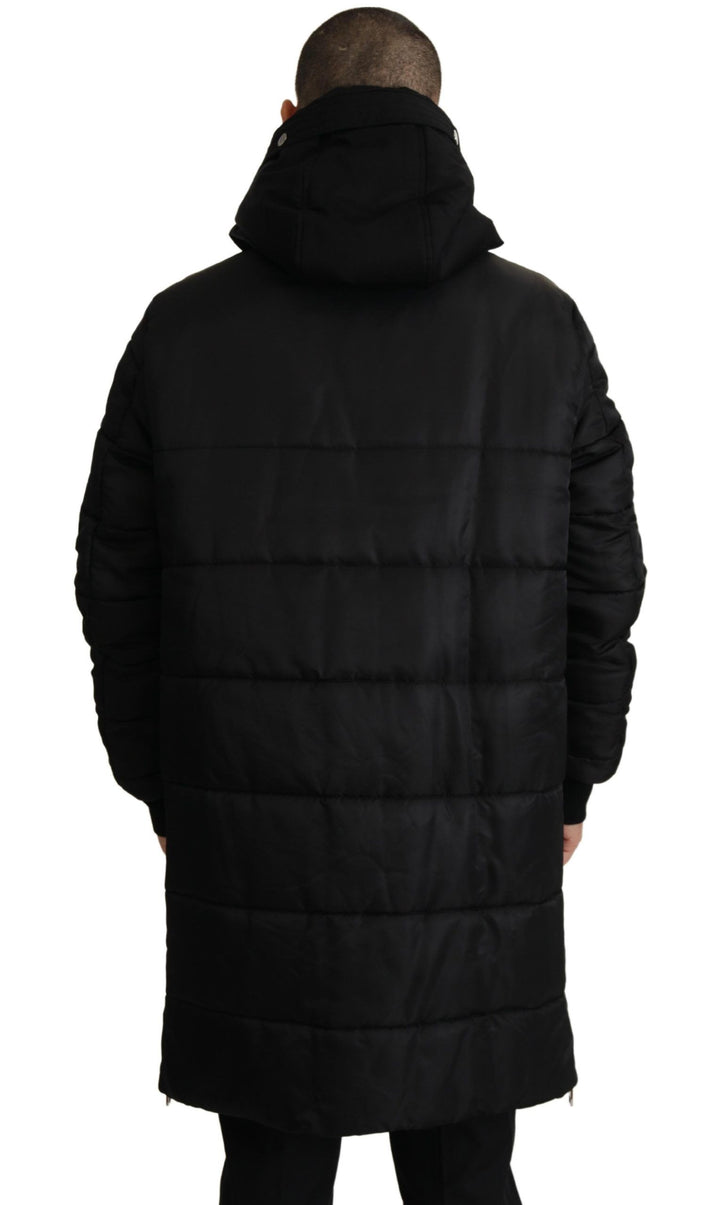 Schwarzer Nylon-Parka-Mantel mit Kapuze Winterjacke
