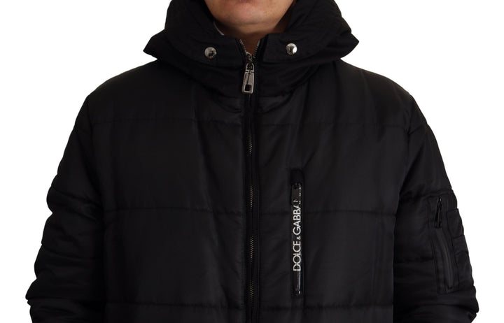 Schwarzer Nylon-Parka-Mantel mit Kapuze Winterjacke