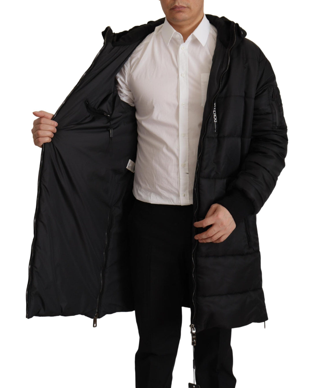 Schwarzer Nylon-Parka-Mantel mit Kapuze Winterjacke