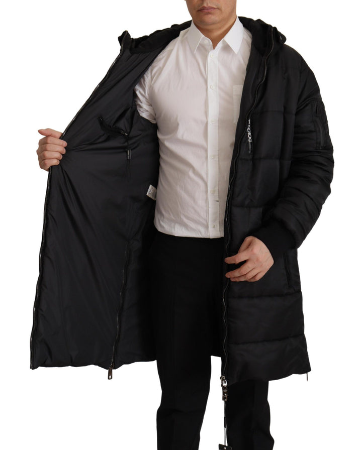 Schwarzer Nylon-Parka-Mantel mit Kapuze Winterjacke