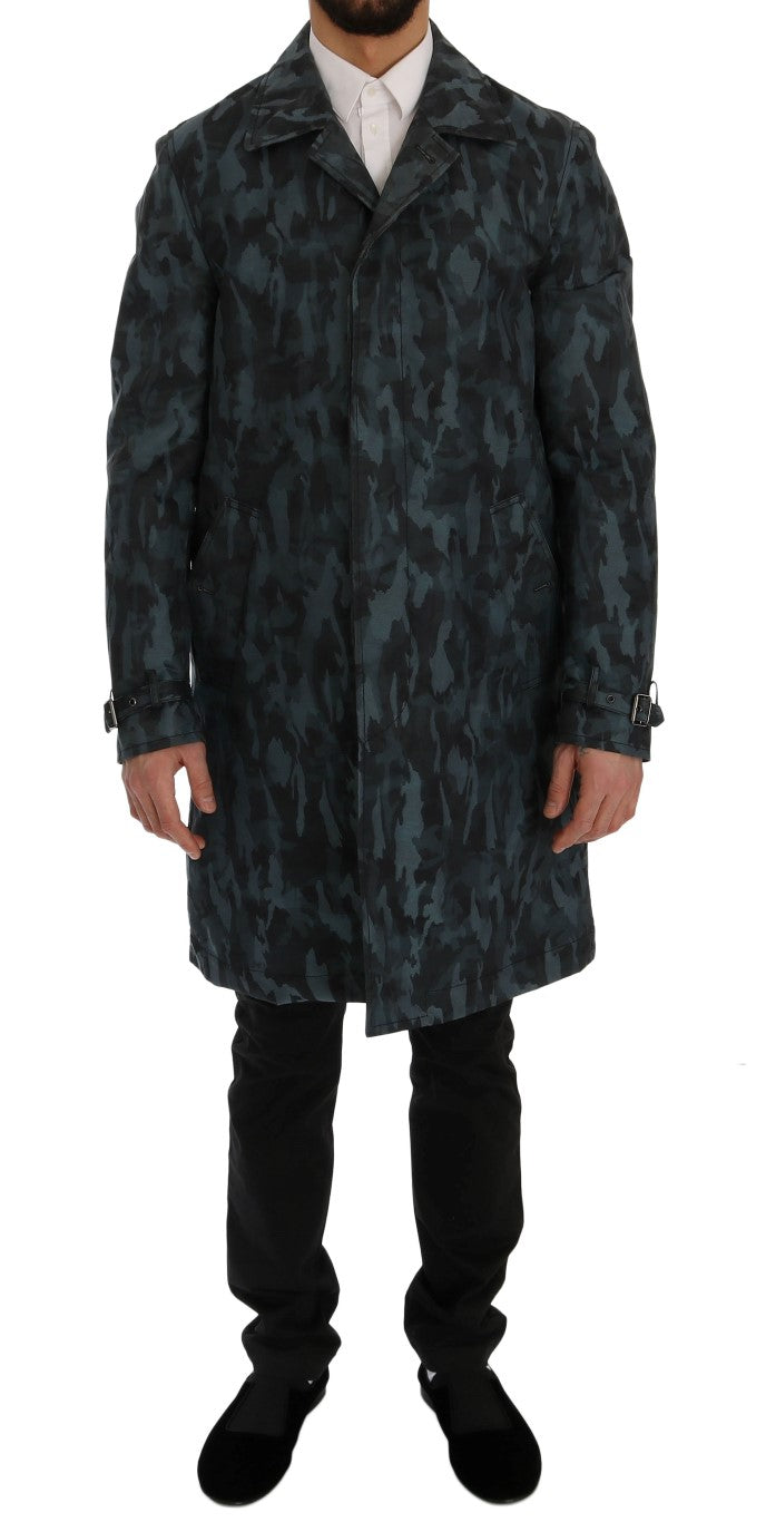Blue camouflage trench coat elegance