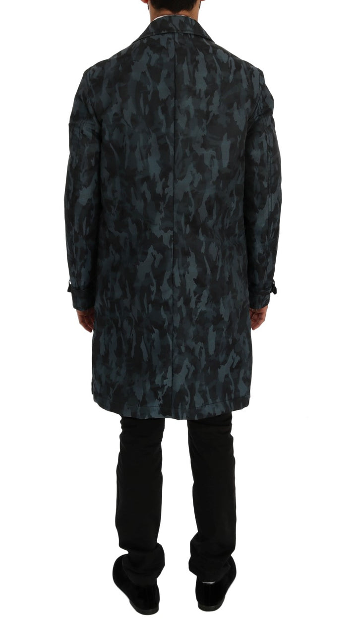 Blue camouflage trench coat elegance