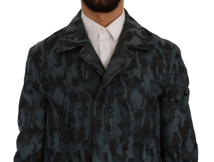 Blue camouflage trench coat elegance