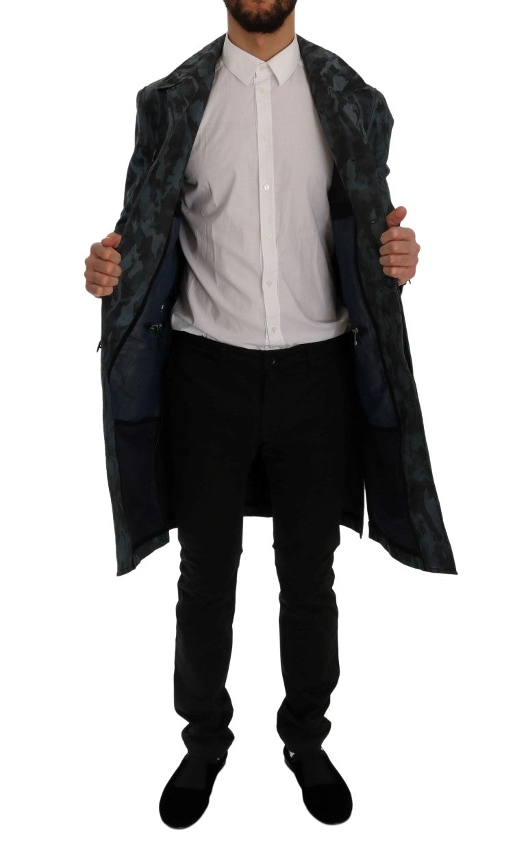 Blue camouflage trench coat elegance