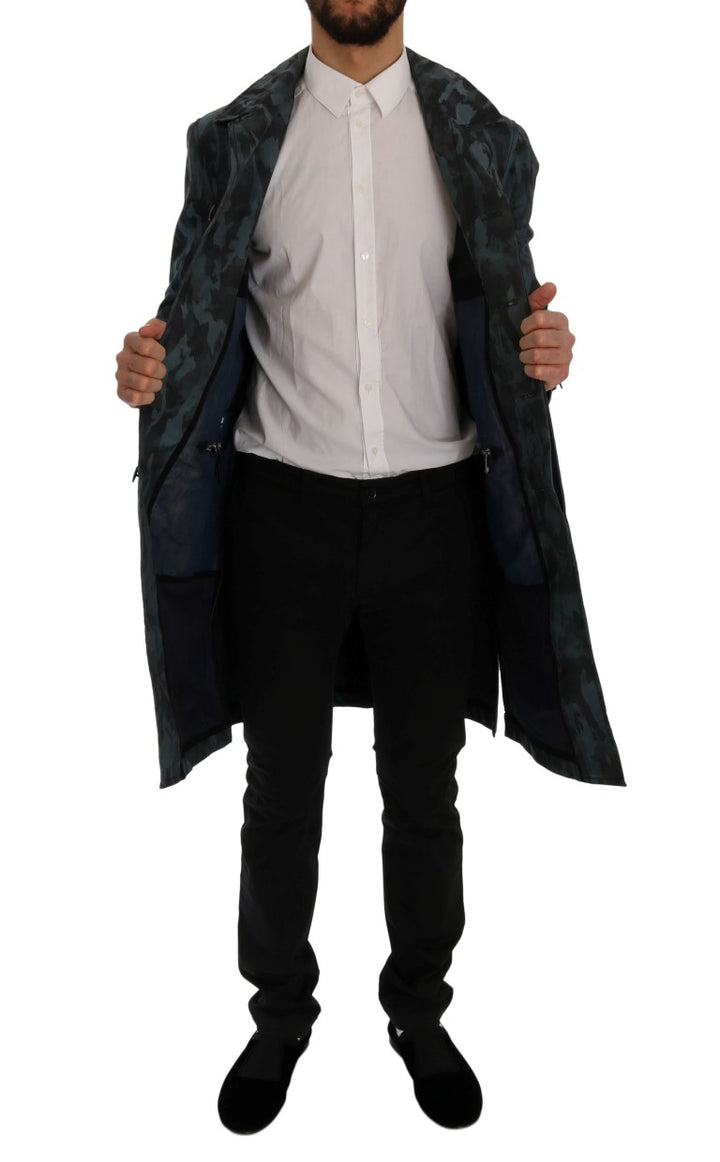 Blue camouflage trench coat elegance