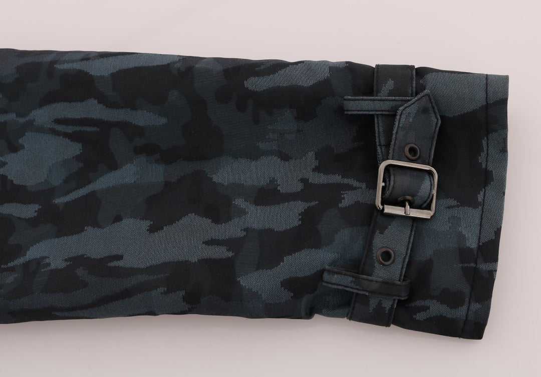 Blue camouflage trench coat elegance