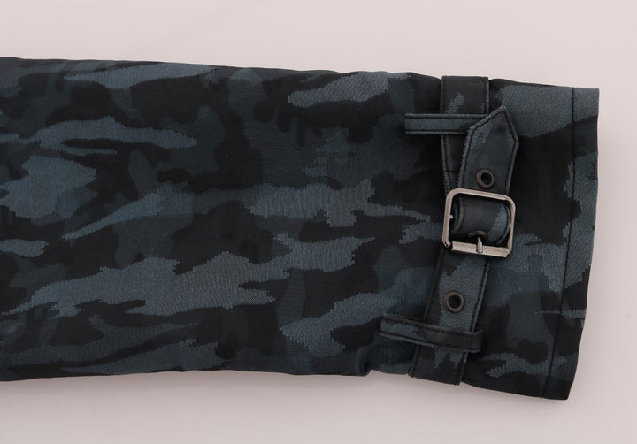 Blue camouflage trench coat elegance