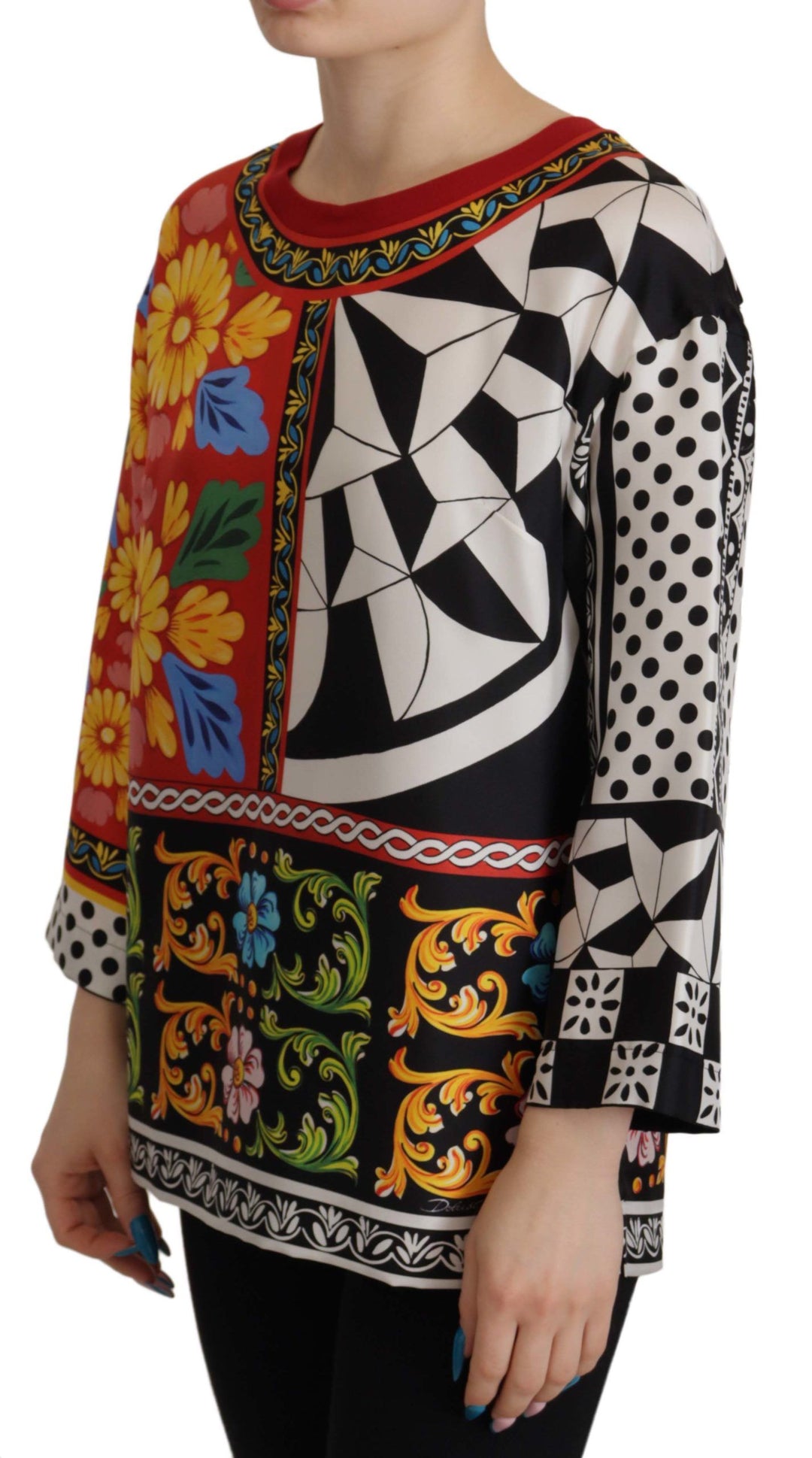 Baroque round-neck silk blouse