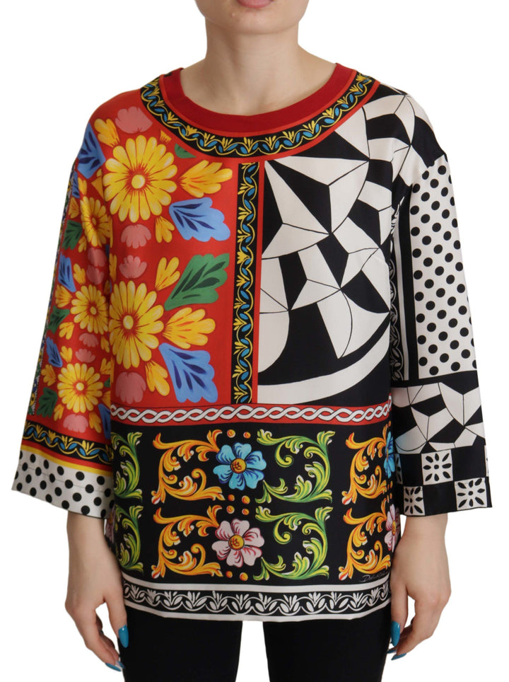 Baroque round-neck silk blouse