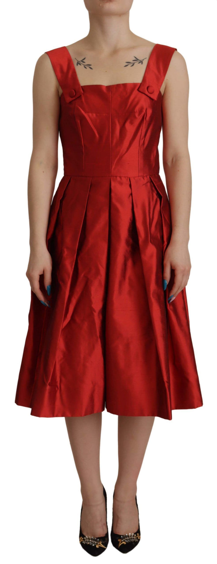 Bright red silk A-line midi dress