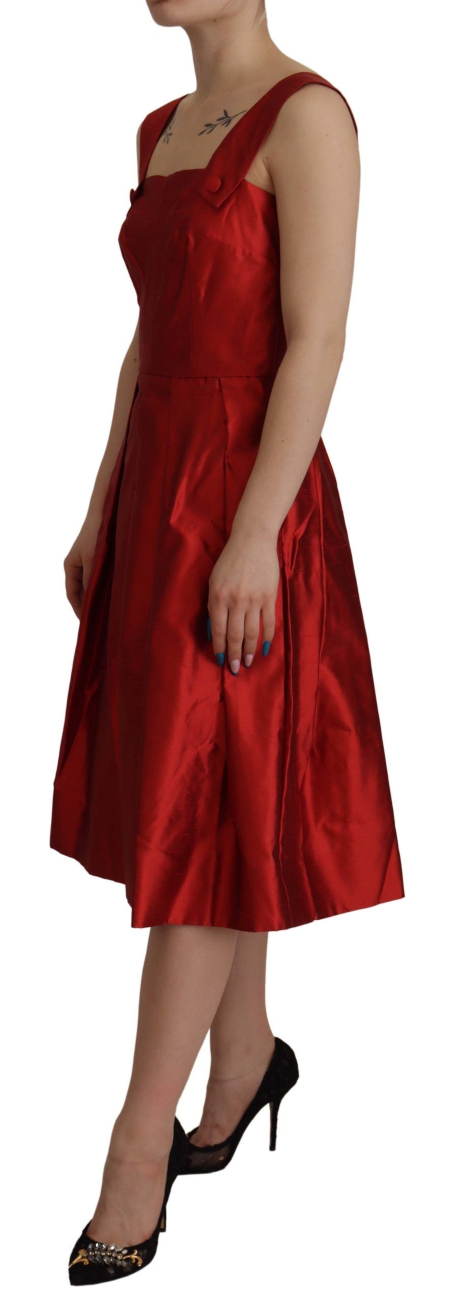 Bright red silk A-line midi dress
