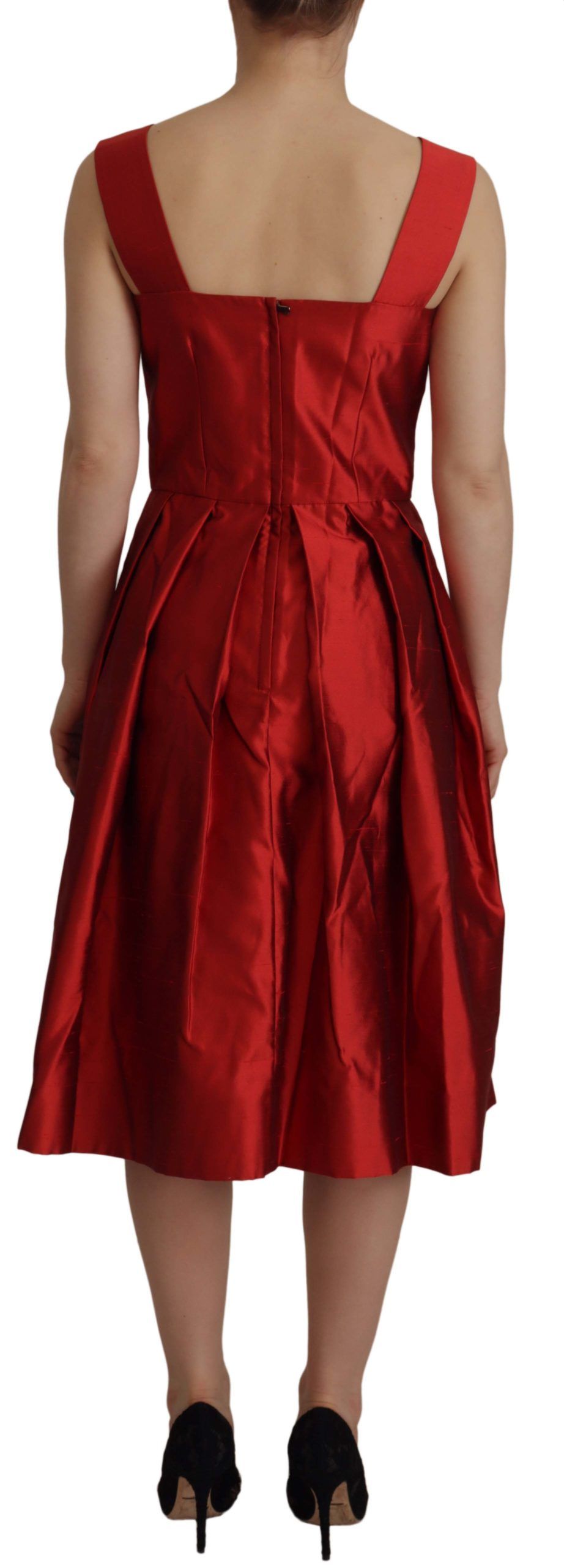 Bright red silk A-line midi dress