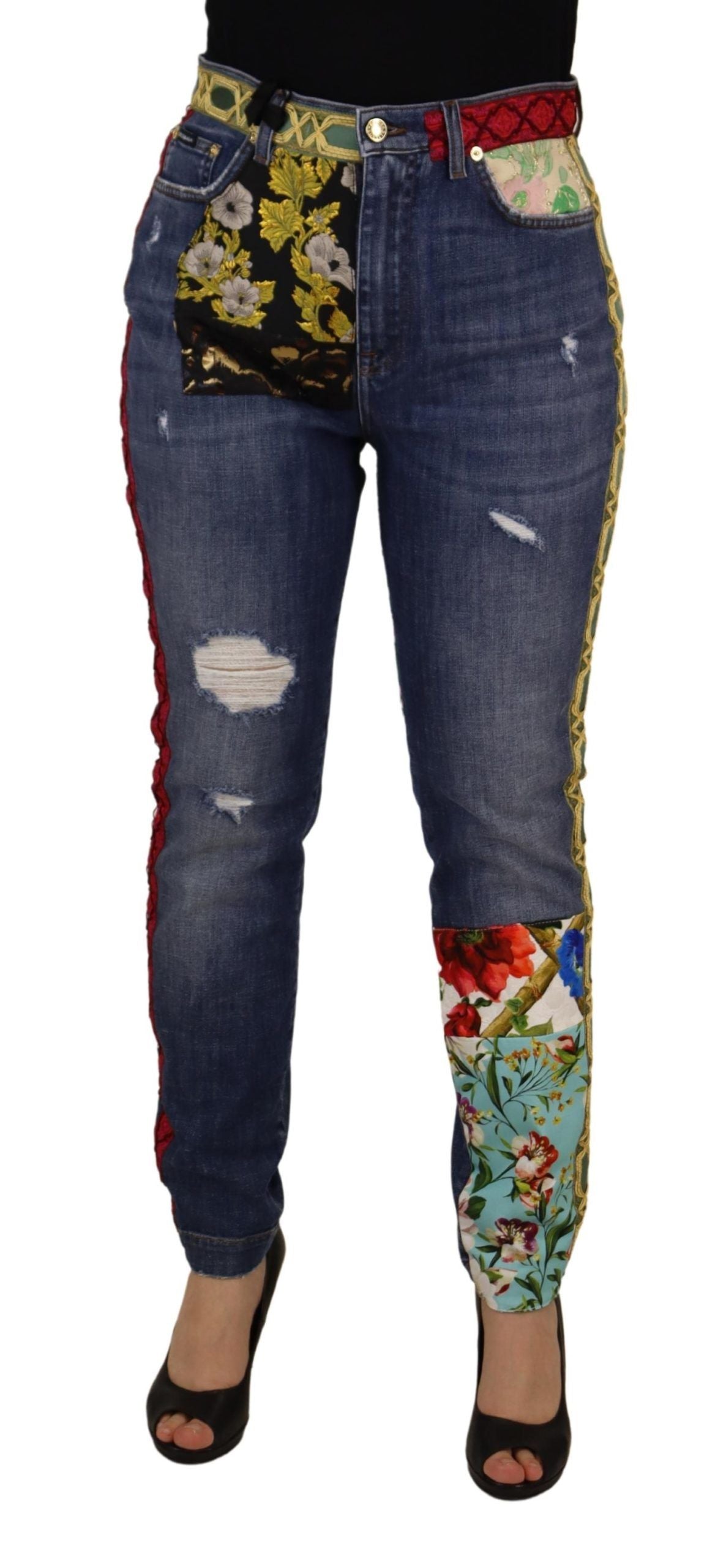 Blaue Patchwork-Denim-Jeans mit hoher Taille