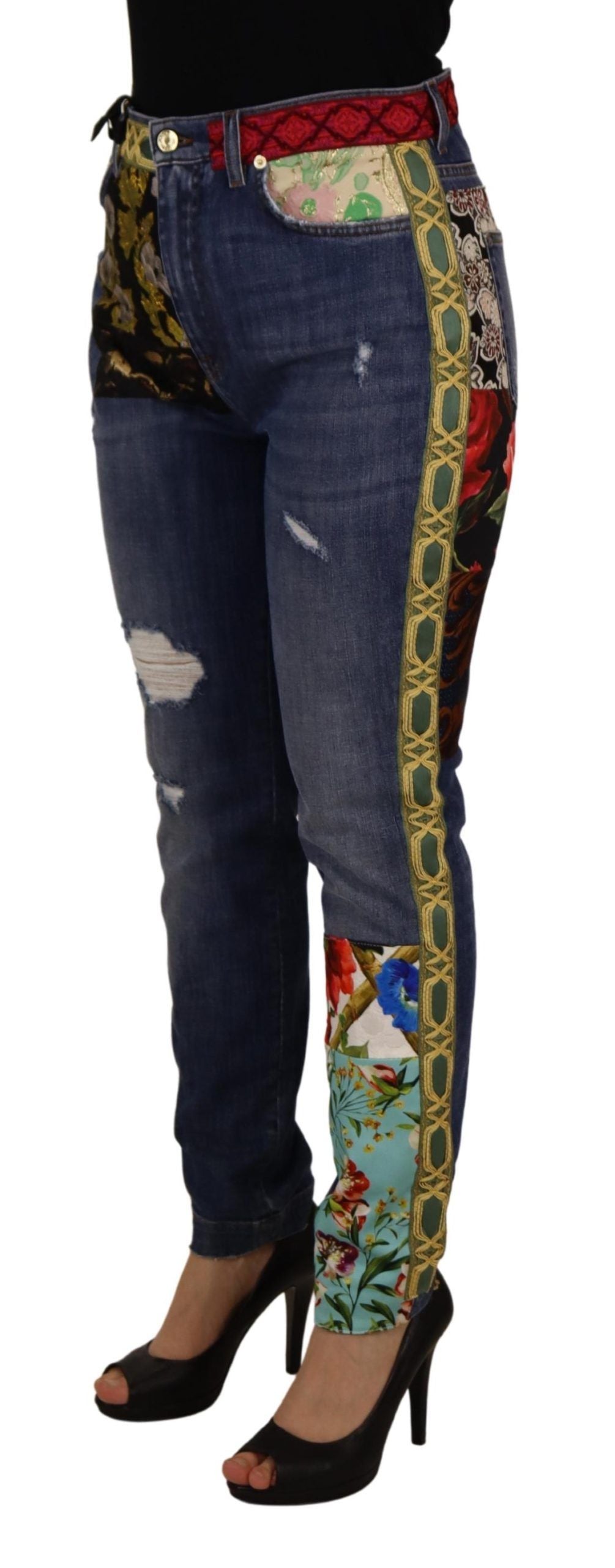 Blaue Patchwork-Denim-Jeans mit hoher Taille