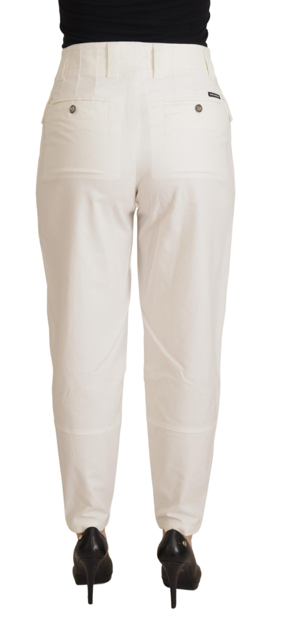 Weiße konisch zulaufende Damen Baumwollhosen mit hoher Taille