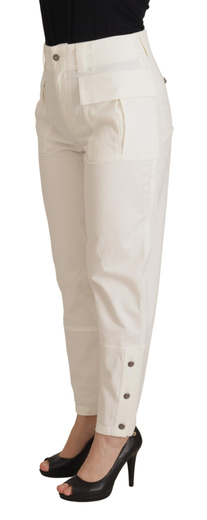 Weiße konisch zulaufende Damen Baumwollhosen mit hoher Taille