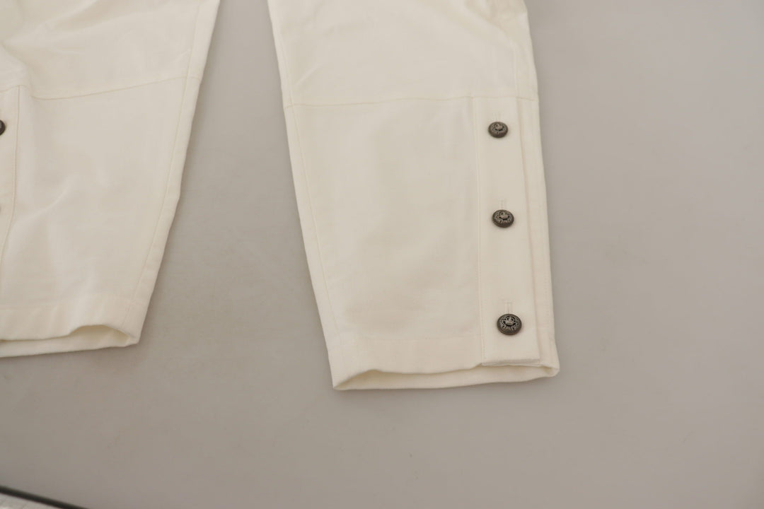 Weiße konisch zulaufende Damen Baumwollhosen mit hoher Taille