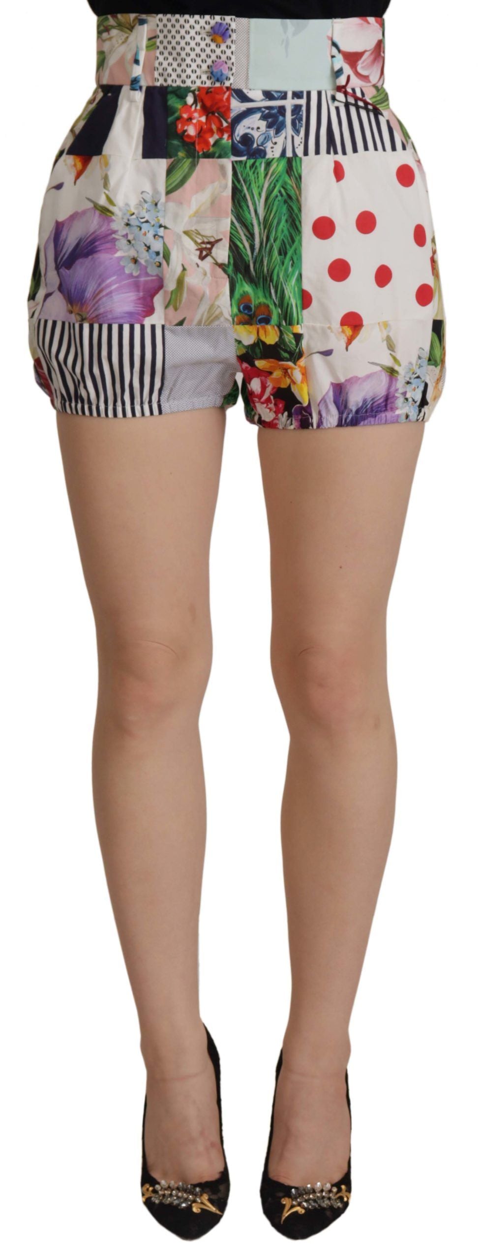 Multicolor Patchwork Baumwollshorts mit hoher Taille