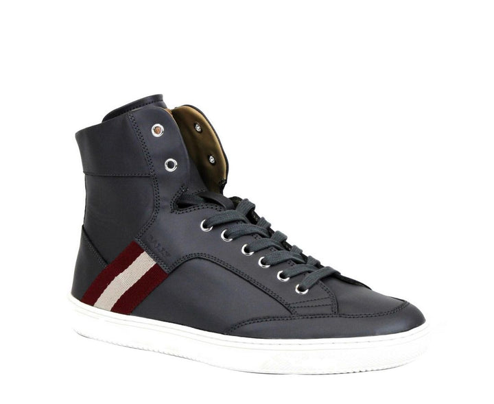 Bally Dunkelgraue Kalbsleder-High-Top-Sneaker mit rotem Beige