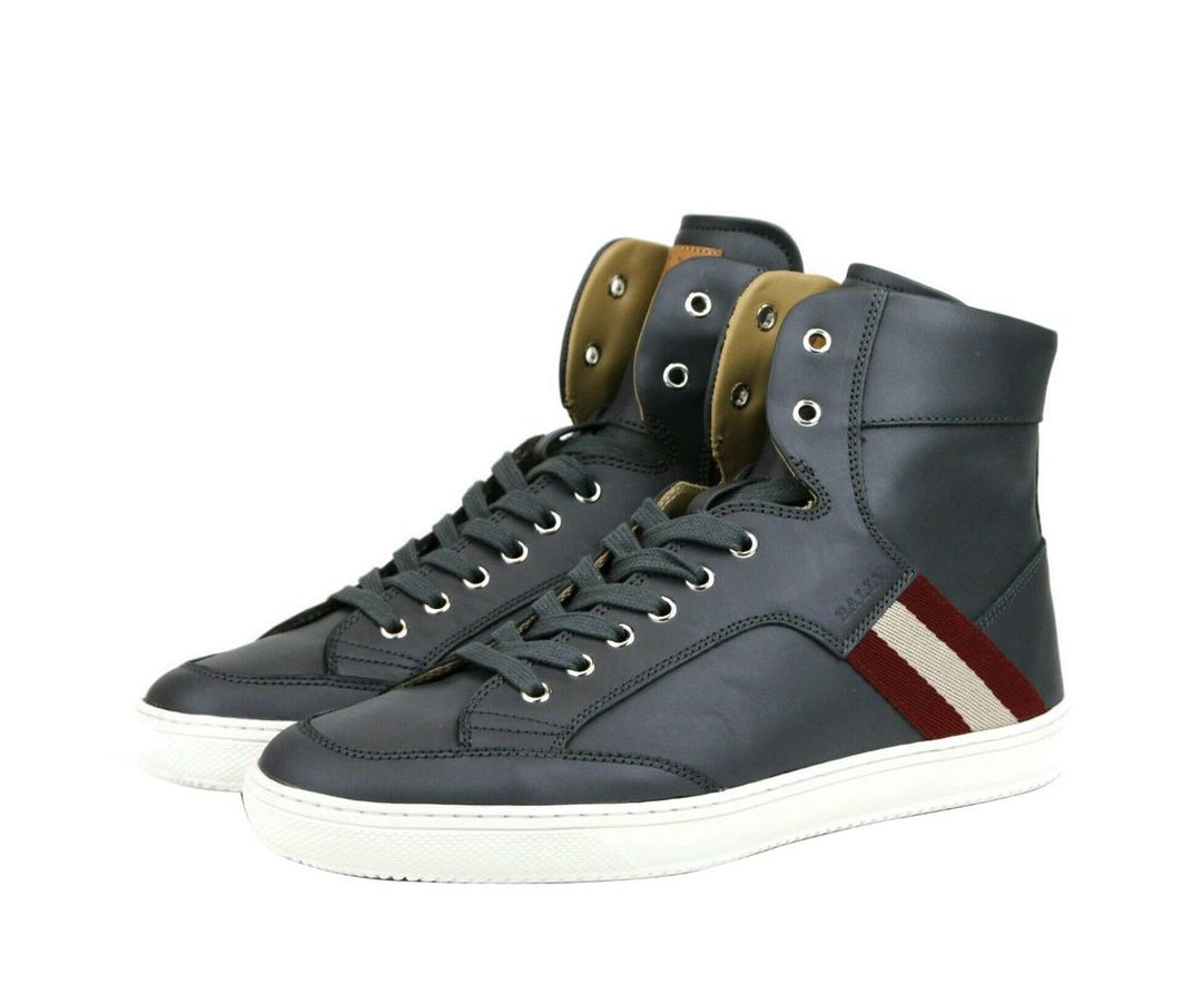 Bally Dunkelgraue Kalbsleder-High-Top-Sneaker mit rotem Beige