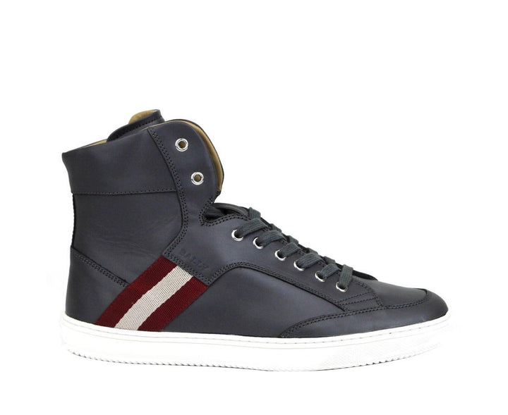 Bally Dunkelgraue Kalbsleder-High-Top-Sneaker mit rotem Beige