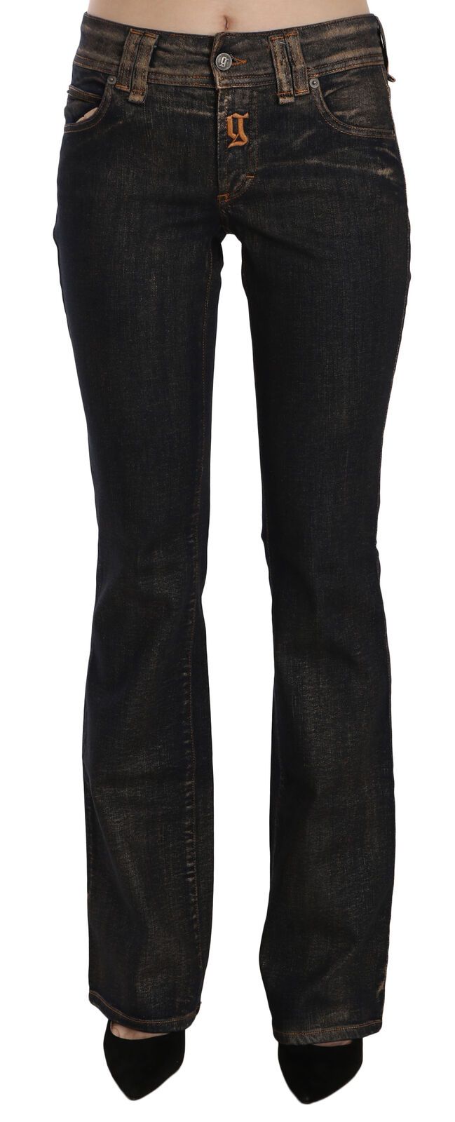 Schwarze gewaschene Denim-Hose mit ausgestelltem Bund aus Baumwolle