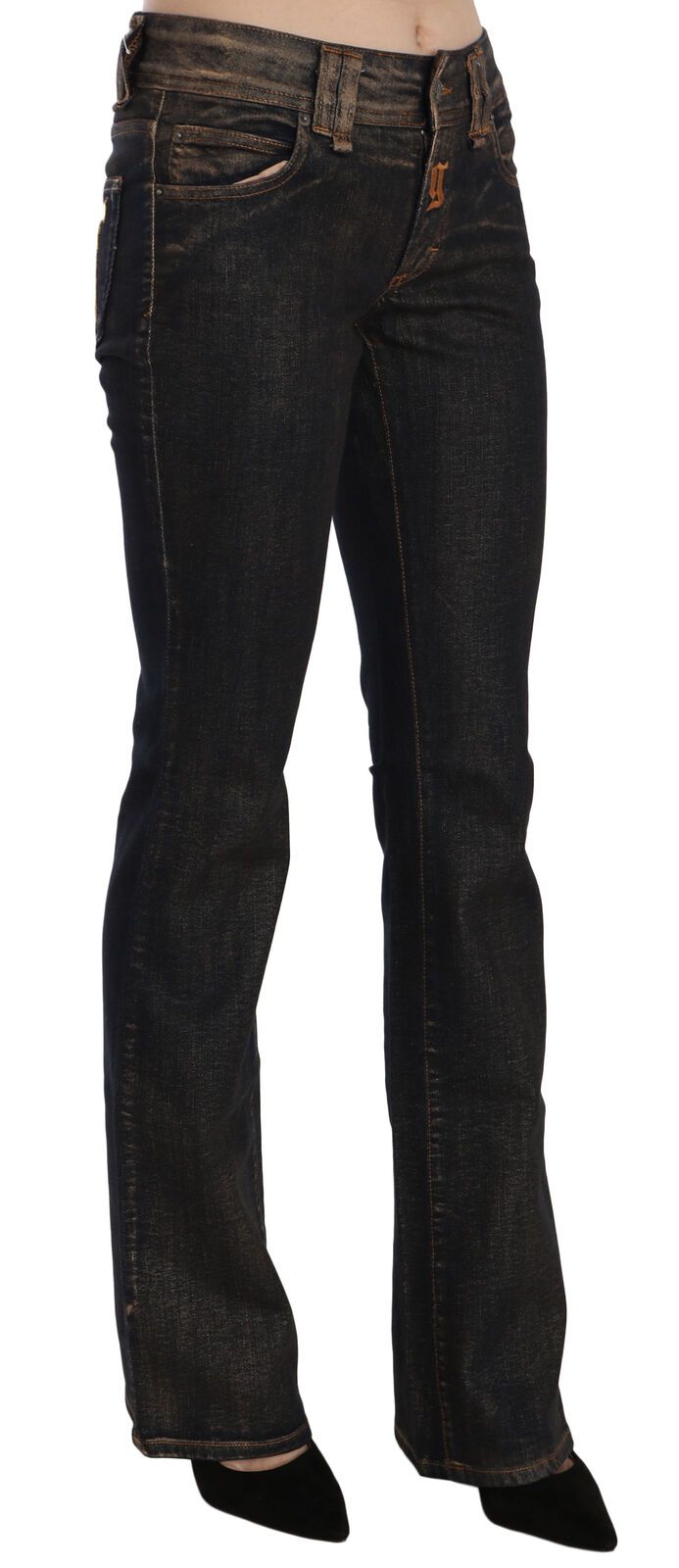 Schwarze gewaschene Denim-Hose mit ausgestelltem Bund aus Baumwolle