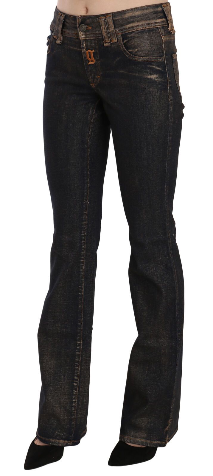 Schwarze gewaschene Denim-Hose mit ausgestelltem Bund aus Baumwolle