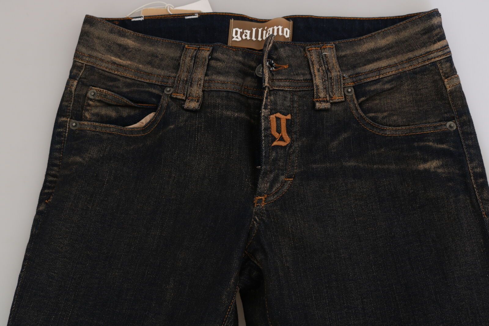 Schwarze gewaschene Denim-Hose mit ausgestelltem Bund aus Baumwolle