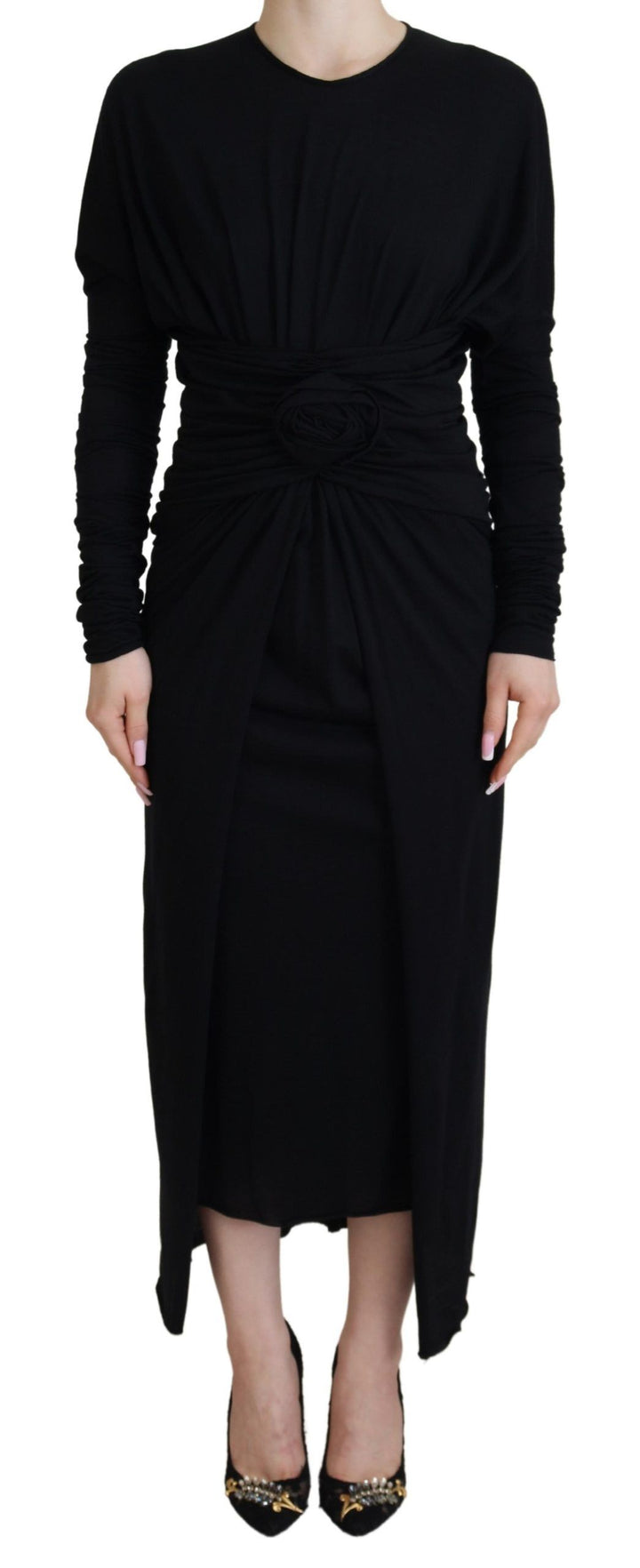 Elegant wrap-style sheath dress with long sleeves