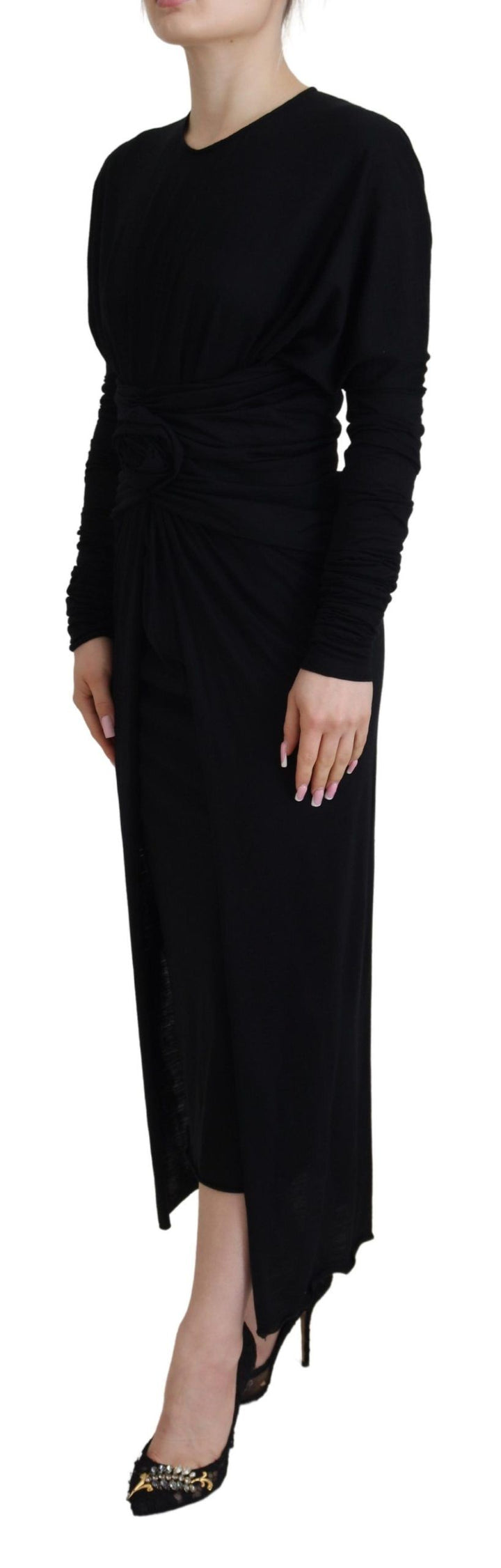 Elegant wrap-style sheath dress with long sleeves