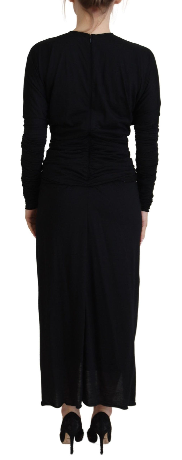 Elegant wrap-style sheath dress with long sleeves