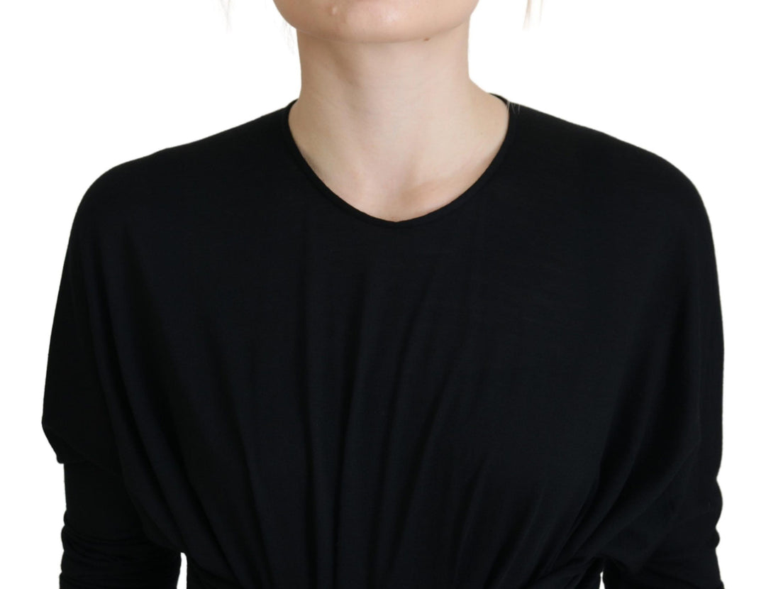 Elegant wrap-style sheath dress with long sleeves